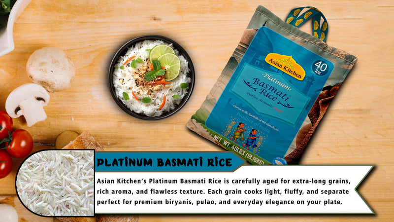 Asian Kitchen Platinum White Basmati Rice Extra Long Aged 40lbs (18.18kg) ~ All Natural | Gluten Friendly | Vegan | Indian Origin | Export Quality