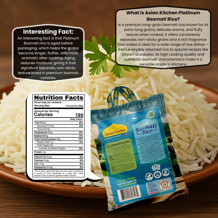 Asian Kitchen Platinum White Basmati Rice Extra Long Aged 4lbs (1.81kg) ~ All Natural | Gluten Friendly | Vegan | Indian Origin | Export Quality