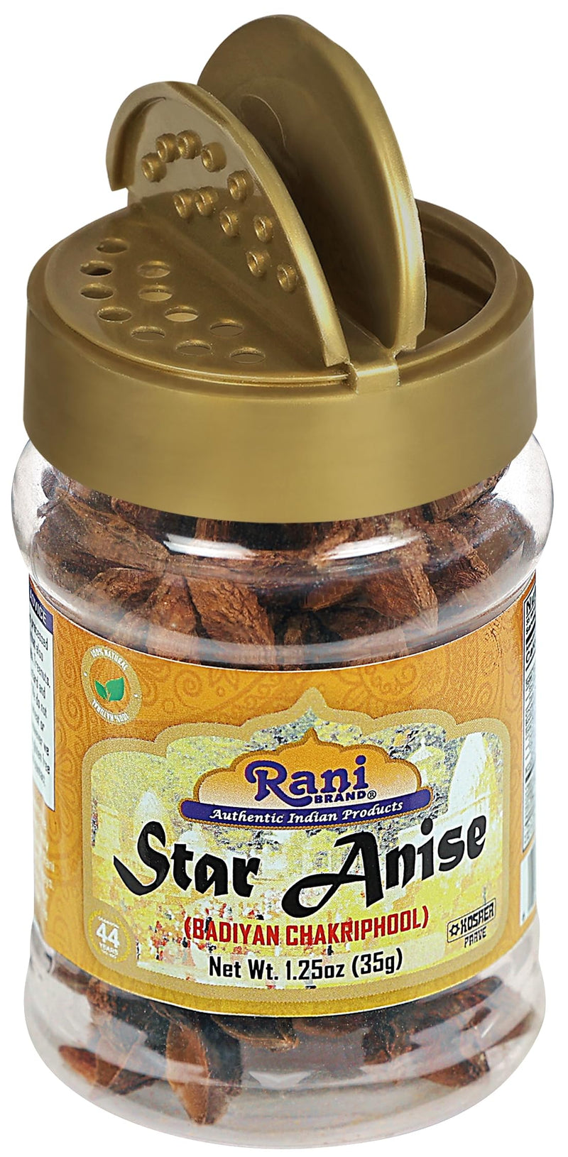 Rani Star Anise Seeds, Whole Pods (Badian Khatai) Spice 1.25oz (35g) PET Jar ~ All Natural | Gluten Friendly | Kosher | Vegan | Whole Chinese Anise Star Sun Dried Spice, Anis Estrella / Illicium Verum, Widely Used for Baking, Drinks, Cooking, and Tea