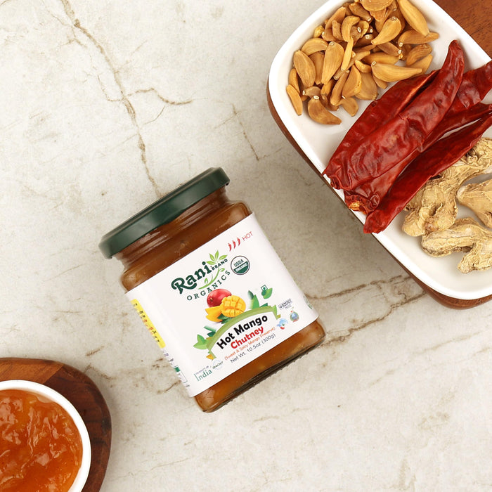 Rani Organic Hot Mango Chutney (Spicy Indian Preserve) 10.5oz (300g) Glass Jar, Ready to eat ~ All Natural | Vegan | Gluten Free | No Colors | NON-GMO | Indian Origin | USDA Certified Organic