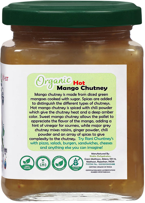 Rani Organic Hot Mango Chutney (Spicy Indian Preserve) 10.5oz (300g) Glass Jar, Ready to eat ~ All Natural | Vegan | Gluten Free | No Colors | NON-GMO | Indian Origin | USDA Certified Organic