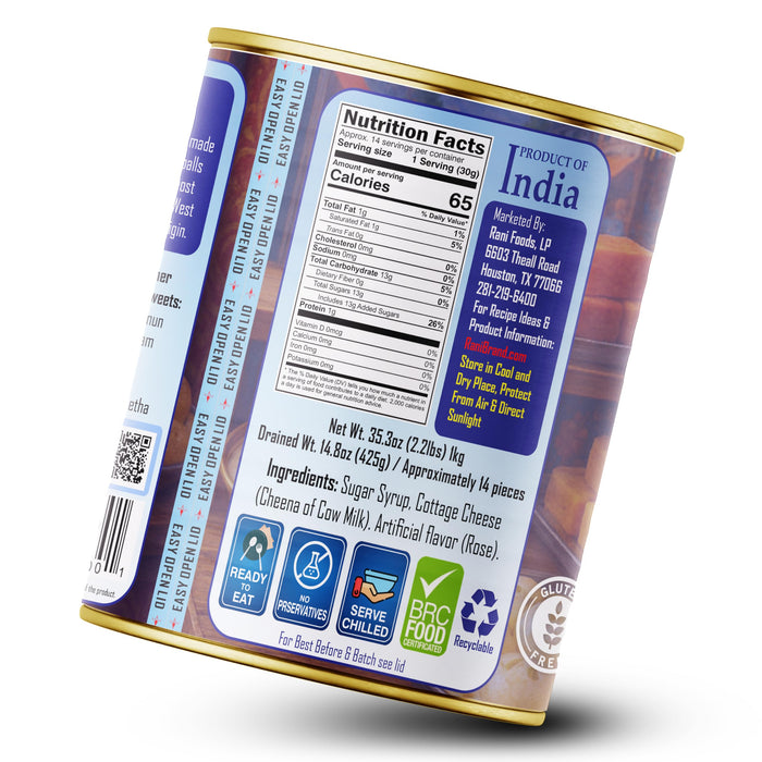 Rani Rasgulla (Cheese Curd Dumplings in Rose Flavor) 35.3oz (2.2lbs) 1kg Pack of 18, Approximately 14 pieces, Easy Open Lid ~ Ready to eat | Gluten Free | Non-GMO | Kosher | Indian Origin