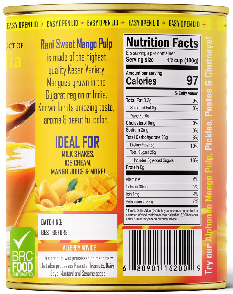Rani Mango Pulp Puree (Makes Mango Lassi Shakes) Kesar Sweetened 30oz (1.875lbs) 850g ~ Kosher | All Natural | NON-GMO | Vegan | No colors | Gluten Friendly | Indian Origin