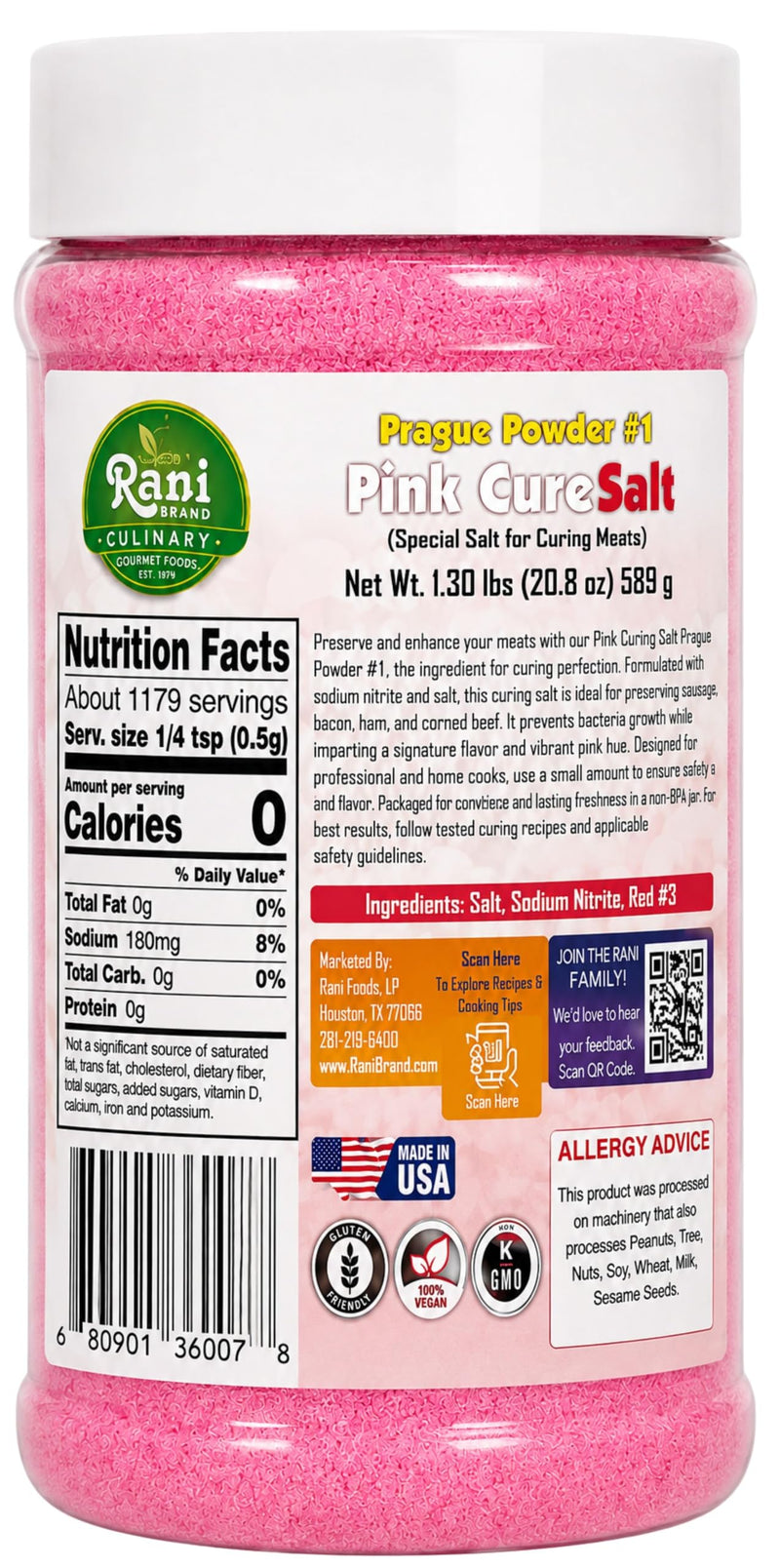 Rani Pink Cure Salt (Special Salt for Curing Meats) 20.8oz (1.3lbs) 589g PET Jar ~ Gluten Free | NON-GMO | Kosher | Vegan | Product of USA