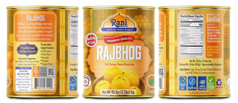 Rani Rajbhog (Soft Cottage Cheese Dumplings) 35.3oz (2.2lbs) 1kg, Pack of 6, Approximately 14 pieces, Easy Open Lid ~ Ready to eat | All Natural | Gluten Free | Non-GMO | Kosher | Indian Origin