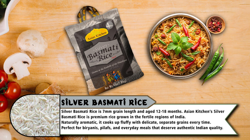 Asian Kitchen Silver White Basmati Rice Aged, 4 Pound (4lbs, 1.81kg) ~ All Natural | Gluten Friendly | Vegan | Indian Origin | Export Quality