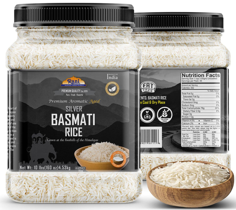 Rani Silver White Basmati Rice Extra Long Aged 160oz (10lbs) 4.53kg PET Jar ~ All Natural | Gluten Friendly | Vegan | Indian Origin | Kosher | Export Quality