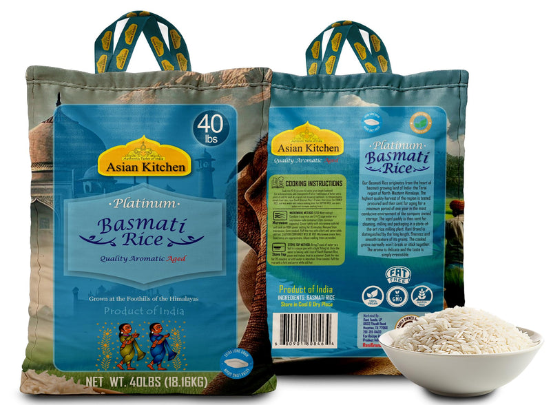 Asian Kitchen Platinum White Basmati Rice Extra Long Aged 40lbs (18.18kg) ~ All Natural | Gluten Friendly | Vegan | Indian Origin | Export Quality