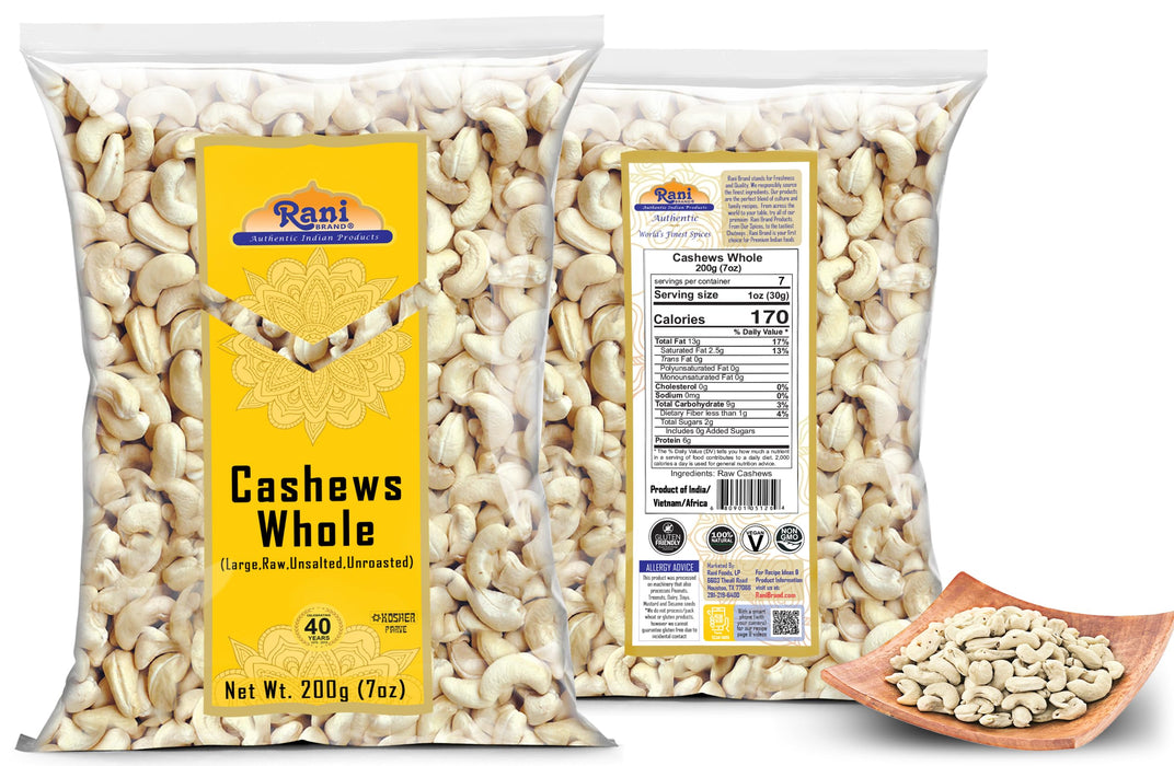 Rani Raw Cashews Whole (uncooked, unsalted) 7oz (200g) ~ All Natural, No Preservatives | Vegan | NON-GMO | Kosher | Gluten Friendly