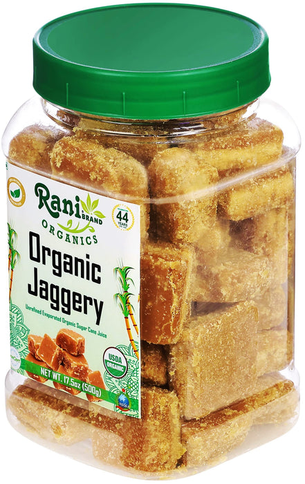 Rani Organic Jaggery (Unrefined Evaporated Organic Sugar Cane Juice) 17.5oz (1.1lbs) 500g PET Jar ~ Gluten Friendly | Vegan | NON-GMO | No Salt or fillers | Indian Product | USDA Certified Organic