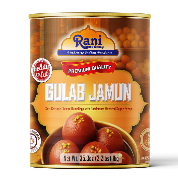 Rani Gulab Jamun Round (w/ Cardamom Flavored Sugar Syrup) 35.3oz (2.2lbs) 1kg Pack of 18, Approximately 14 pieces, Easy Open Lid ~ Ready to eat | Non-GMO | Kosher | Indian Origin