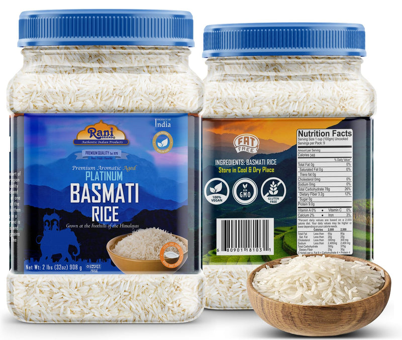 Rani Platinum White Basmati Rice Extra Long Aged 32oz (2lbs) 908g PET Jar ~ All Natural | Gluten Friendly | Vegan | Indian Origin | Kosher | Export Quality