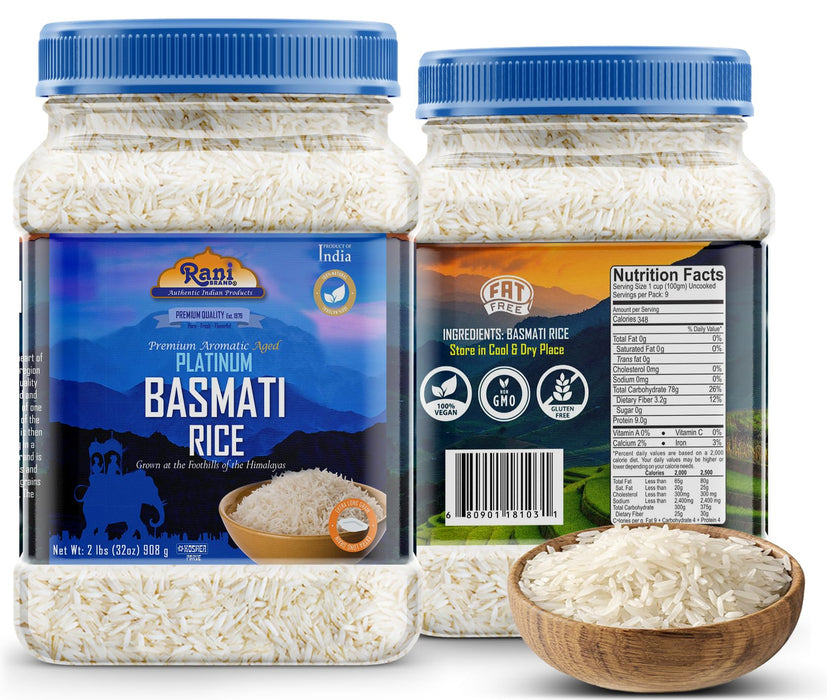 Rani Platinum White Basmati Rice Extra Long Aged 32oz (2lbs) 908g PET Jar ~ All Natural | Gluten Friendly | Vegan | Indian Origin | Kosher | Export Quality