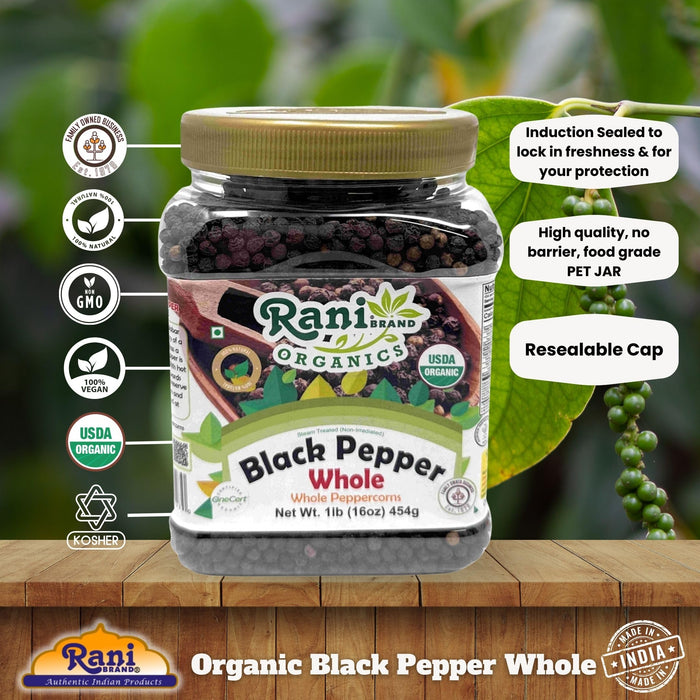 Rani Organic Black Pepper Whole (Peppercorns), Premium MG-1 Grade 16oz (1lb) 454g PET Jar ~ All Natural | Gluten Friendly | Non-GMO | USDA Certified Organic | Kosher | Product of Vietnam