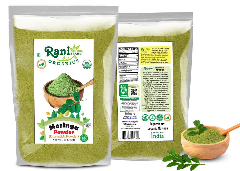 Rani Organic Moringa Powder (Drumstick Powder) 7oz (200g) ~ 100% Natural | Vegan | Gluten Friendly | NON-GMO | Kosher | No colors | Indian Origin | USDA Certified Organic