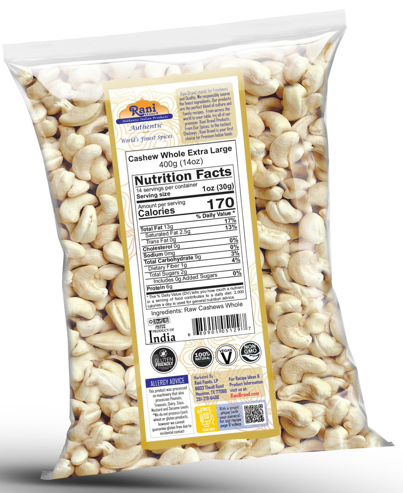 Rani Raw Cashews Whole W180 Extra Large (uncooked, unsalted) 14oz (400g) ~ All Natural, No Preservatives | Vegan | NON-GMO | Kosher | Gluten Friendly