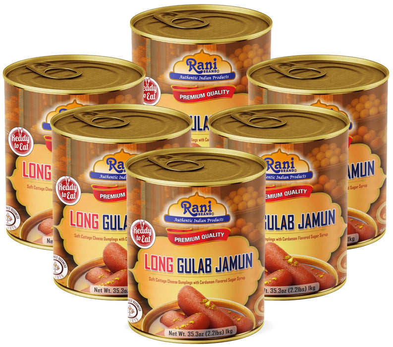 Rani Gulab Jamun Long (w/ Cardamom Flavored Sugar Syrup) 35.3oz (2.2lbs) 1kg, Pack of 6, Approximately 14 pieces, Easy Open Lid ~ Ready to eat | Vegan | Non-GMO | Kosher | Indian Origin