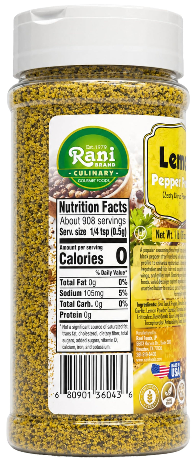Rani Lemon Pepper Powder (Zesty Citrus Pepper Blend) 16oz (1lb) 454g PET Jar ~ Gluten Free | NON-GMO | Kosher | Vegan | Product of USA