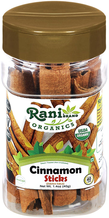 Rani Organic Cinnamon Sticks (Dalchini Sabut) 1.4oz (40g) PET Jar ~ 11-13 Sticks, 3 Inches in Length, Cassia Round ~ All Natural | Vegan | Gluten Friendly | NON-GMO | Indian Origin | Certified Organic