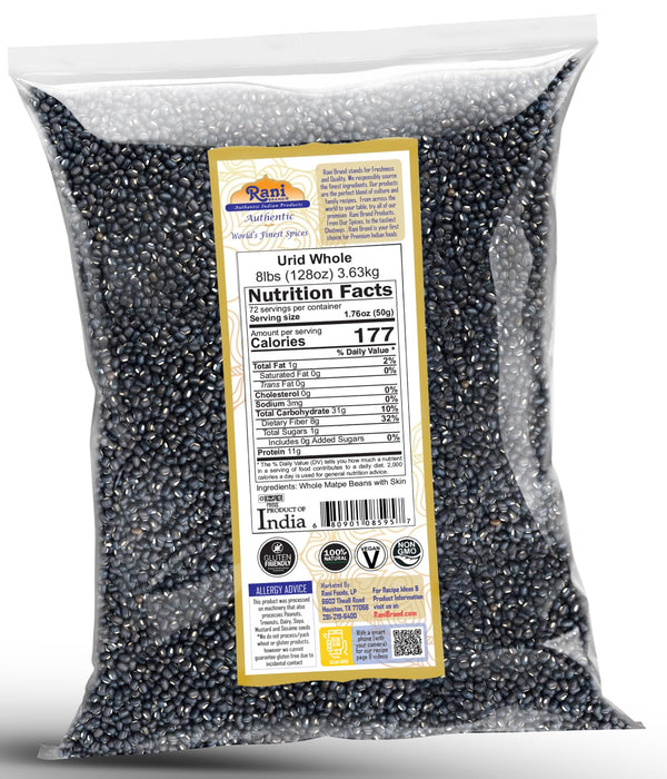 Rani Urid / Urad Whole Black (Matpe Beans) Lentils, 128oz (8lbs) 3.6kg Bulk ~ All Natural | Gluten Friendly | NON-GMO | Kosher | Vegan | Indian Origin