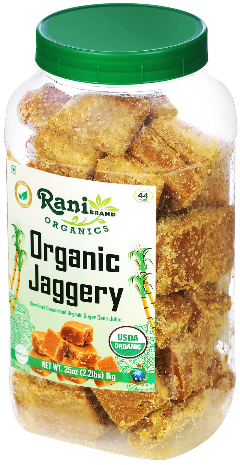 Rani Organic Jaggery (Unrefined Evaporated Organic Sugar Cane Juice) 35oz (2.2lbs) 1kg PET Jar ~ Gluten Friendly | Vegan | NON-GMO | No Salt or fillers | Indian Product | USDA Certified Organic