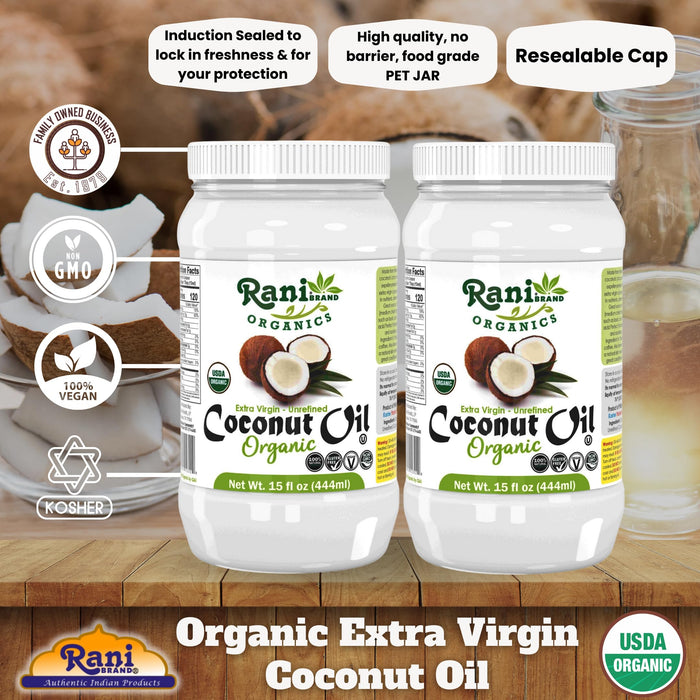 Rani Organic Extra Virgin Coconut Oil, Unrefined 15 fl oz (444ml) Pack of 2, Cold Pressed, NON-GMO | Gluten Free | Kosher | Vegan | 100% Natural | Packed in USA | USDA Certified Organic (Copy)