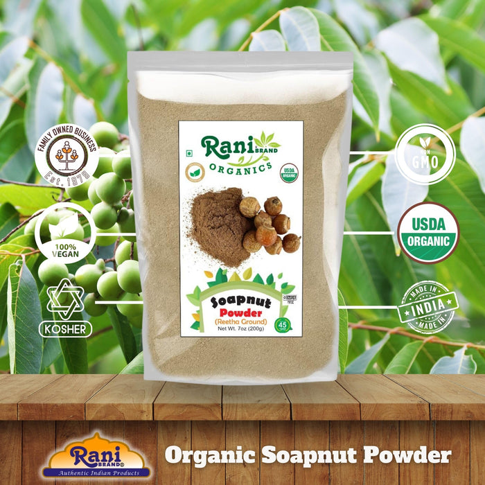 Rani Organic Soapnut Powder (Reetha Ground) 7oz (200g) ~ for Hair & Skin Care | As Laundry Deterget or Household Cleaner | All Natural | Kosher | Indian Origin | USDA Organic Certified