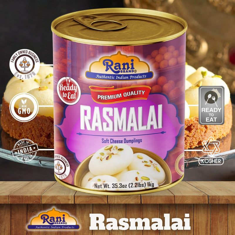 Rani Rasmalai (Soft Cheese Dumplings) 35.3oz (2.2lbs) 1kg, Pack of 6, Approximately 14 pieces, Easy Open Lid ~ Ready to eat | Gluten Friendly | Vegan | Non-GMO | Kosher | Indian Origin