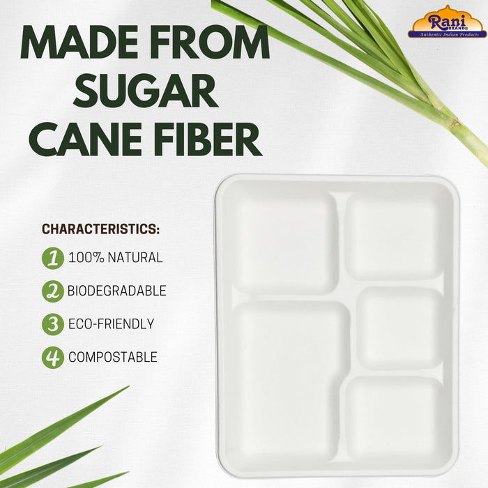 Rani 5 Compartment Square Biodegradable Divided Plates, Pack of 250 ~ Party, Thali, Buffet | Disposable & Eco-Friendly | Heavy-Duty Sturdy Paper Bagasse | Premium Quality | 10.24" x 8.27" x 0.91"