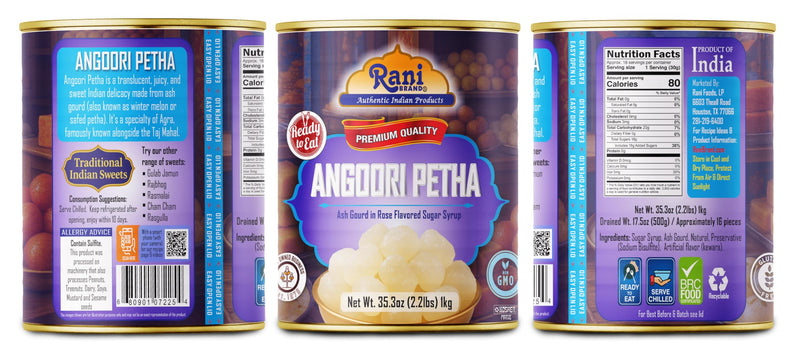 Rani Angoori Petha (Ash Gourd In Rose Flavored Sugar Syrup) 35.3oz (2.2lbs) 1kg, Pack of 6, Approximately 14 pieces, Easy Open Lid ~ Ready to eat | Gluten Free | Non-GMO | Kosher | Indian Origin