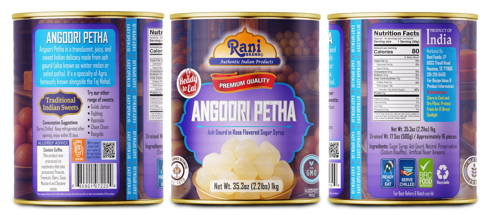 Rani Angoori Petha (Ash Gourd In Rose Flavored Sugar Syrup) 35.3oz (2.2lbs) 1kg, Approximately 14 pieces, Easy Open Lid ~ Ready to eat | Gluten Free | Non-GMO | Kosher | Indian Origin