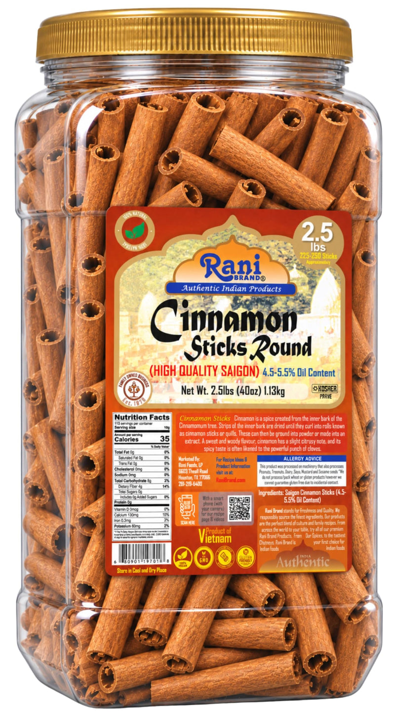 Rani Cinnamon Sticks 40oz (2.5lbs) 1.13kg Bulk PET Jar - 220 -250 Sticks - Strong Aroma, Perfect for Baking, Cooking & Beverages | 3+ Inches Length - Cassia Saigon Cinnamon from Vietnam | Kosher