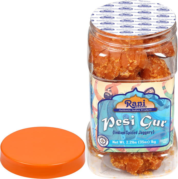 Rani Pesi Gur (Jaggery) Indian Unrefined Raw Cane Sugar 35oz (2.2lbs) 1kg PET Jar ~ Gluten Friendly | Vegan | NON-GMO | Kosher | No Salt or fillers | Indian Product