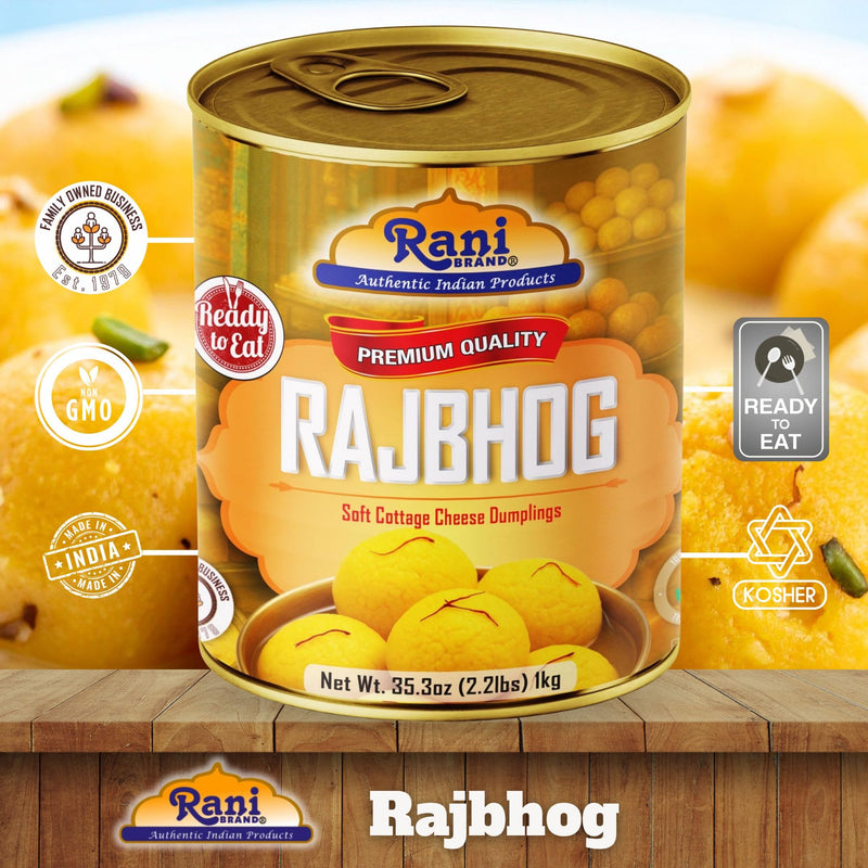 Rani Rajbhog (Soft Cottage Cheese Dumplings) 35.3oz (2.2lbs) 1kg, Approximately 14 pieces, Easy Open Lid ~ Ready to eat | All Natural | Gluten Free | Non-GMO | Kosher | Indian Origin
