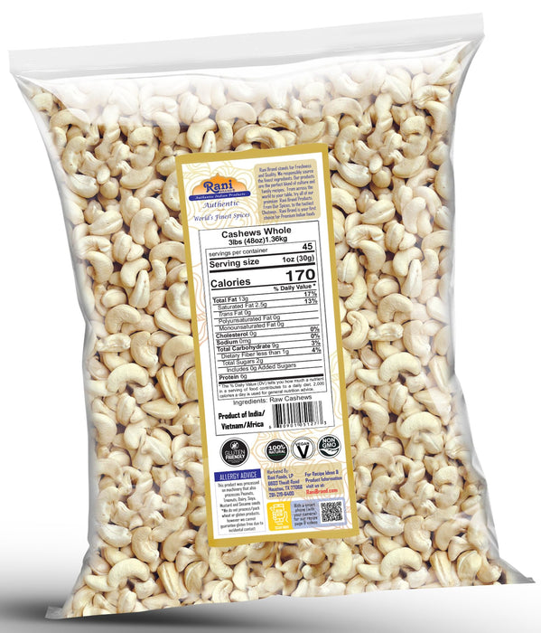 Rani Raw Cashews Whole (uncooked, unsalted) 48oz (3lbs) 1.36kg Bulk ~ All Natural, No Preservatives | Vegan | NON-GMO | Kosher | Gluten Friendly