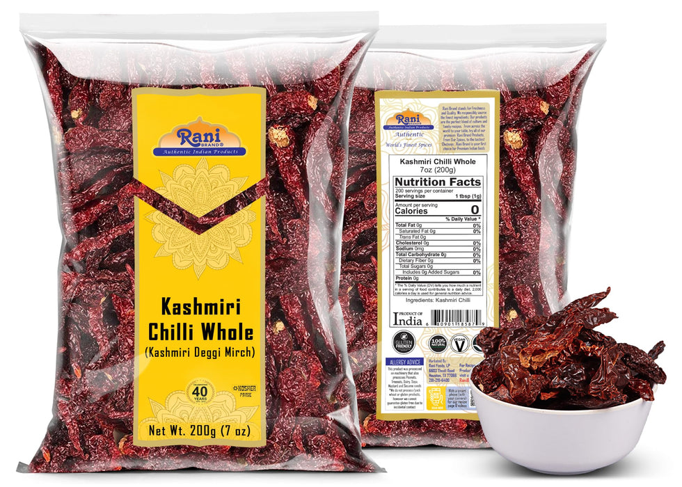 Rani Kashmiri Chilli Whole (Deggi Mirch, Low Heat) 7oz (200g) ~ Natural | Salt-Free | Vegan | No Colors | Gluten Friendly | NON-GMO | Kosher | Indian Origin