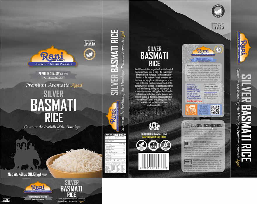 Rani Silver White Basmati Rice Extra Long Aged 40-Pound Bag, 640oz (40lbs) 18.16kg ~ All Natural | Gluten Friendly | Vegan | Indian Origin | Kosher | Export Quality