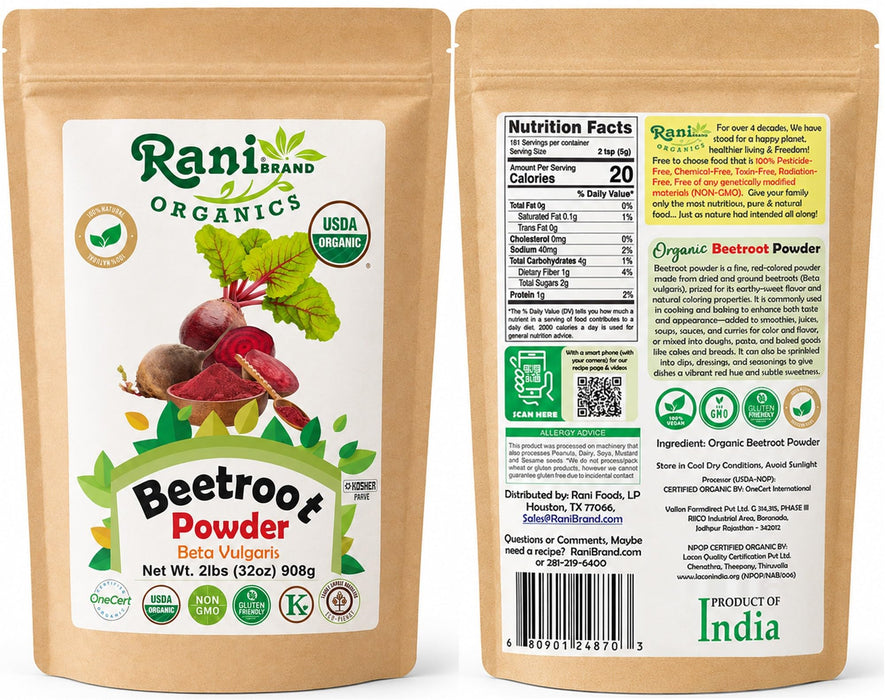 Rani Organic Beetroot Powder (Beta Vulgaris) 32oz (2lbs) 908g ~ All Natural | Vegan | Gluten Friendly | Non-GMO | Indian Origin | USDA Certified Organic