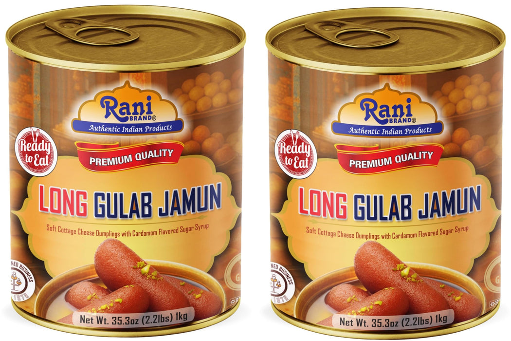 Rani Gulab Jamun Long (w/ Cardamom Flavored Sugar Syrup) 35.3oz (2.2lbs) 1kg, Pack of 2, Approximately 14 pieces, Easy Open Lid ~ Ready to eat | Vegan | Non-GMO | Kosher | Indian Origin