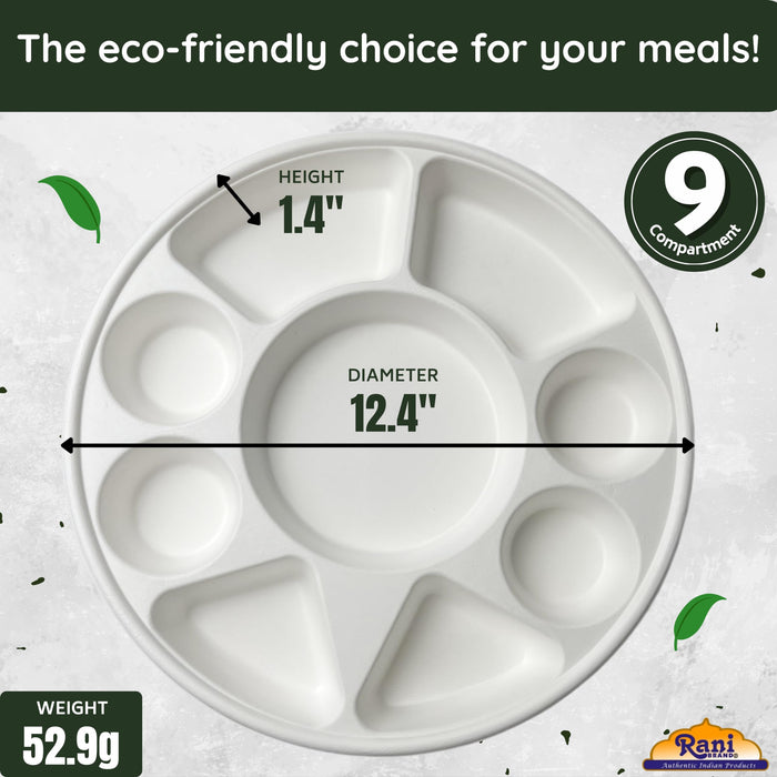 Rani Round Biodegradable Divided Plates, Pack of 50, 9 Compartments ~ Disposable & Eco-Friendly | 12.44" Diameter, 1.38" Thickness | Heavy-Duty and Sturdy Disposable Bagasse Plates | Premium Quality
