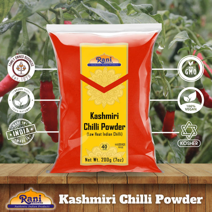 Rani Kashmiri Chilli Powder (Deggi Mirch, Low Heat) Ground Indian Spice 7oz (200g) ~ All Natural | Salt-Free | Vegan | Gluten Friendly | NON-GMO | Kosher | Perfect for Deviled Eggs & Other Low Heat Dishes