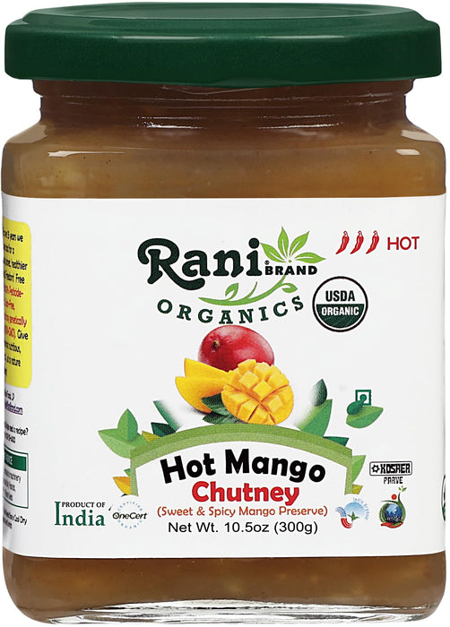 Rani Organic Hot Mango Chutney (Spicy Indian Preserve) 10.5oz (300g) Glass Jar, Ready to eat ~ All Natural | Vegan | Gluten Free | No Colors | NON-GMO | Indian Origin | USDA Certified Organic