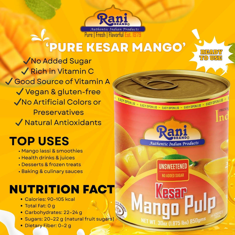 Rani Mango Pulp Puree (Makes Mango Lassi Shakes) Kesar Unsweetened 30oz (1.875lbs) 850g Pack of 18 ~ Kosher | All Natural | NON-GMO | Vegan | No colors | Gluten Friendly | Indian Origin