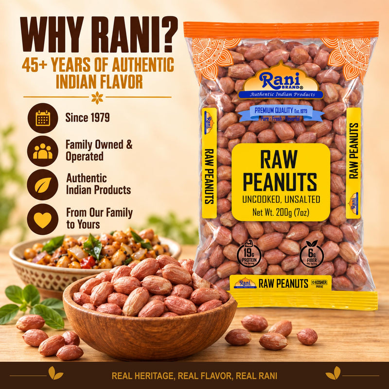 Rani Peanuts, Raw Whole With Skin (uncooked, unsalted) 7oz (200g) ~ All Natural | Vegan | Gluten Friendly | Kosher | Fresh Product of USA ~ Spanish Grade Groundnut / Red-skin