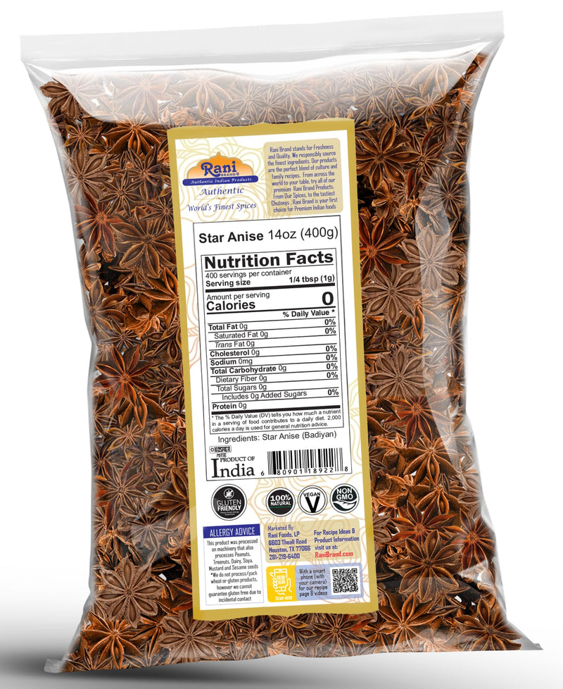 Rani Star Anise Seeds, Whole Pods (Badian Khatai) Spice 14oz (400g) ~ All Natural | Gluten Friendly | Kosher | Vegan | Whole Chinese Anise Star Sun Dried Spice, Anis Estrella / Illicium Verum, Widely Used for Baking, Drinks, Cooking, and Tea