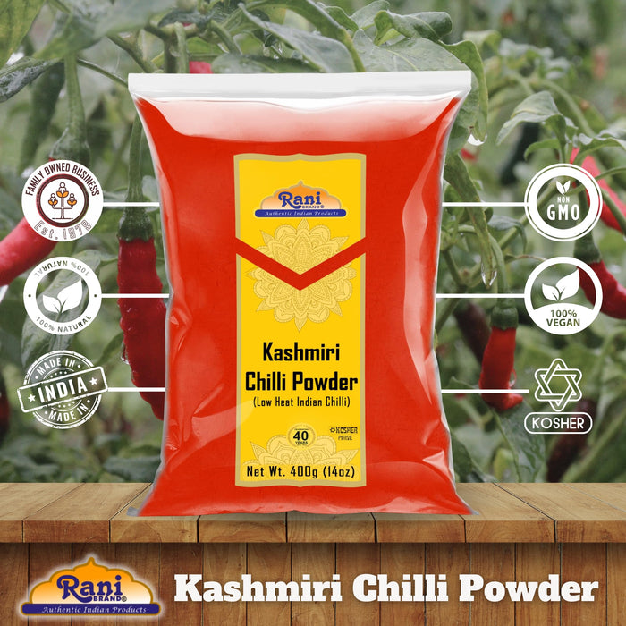 Rani Kashmiri Chilli Powder (Deggi Mirch, Low Heat) Ground Indian Spice 14oz (400g) ~ All Natural, Salt-Free | Vegan | Gluten Friendly | NON-GMO | Kosher | Perfect for Deviled Eggs & Other Low Heat Dishes