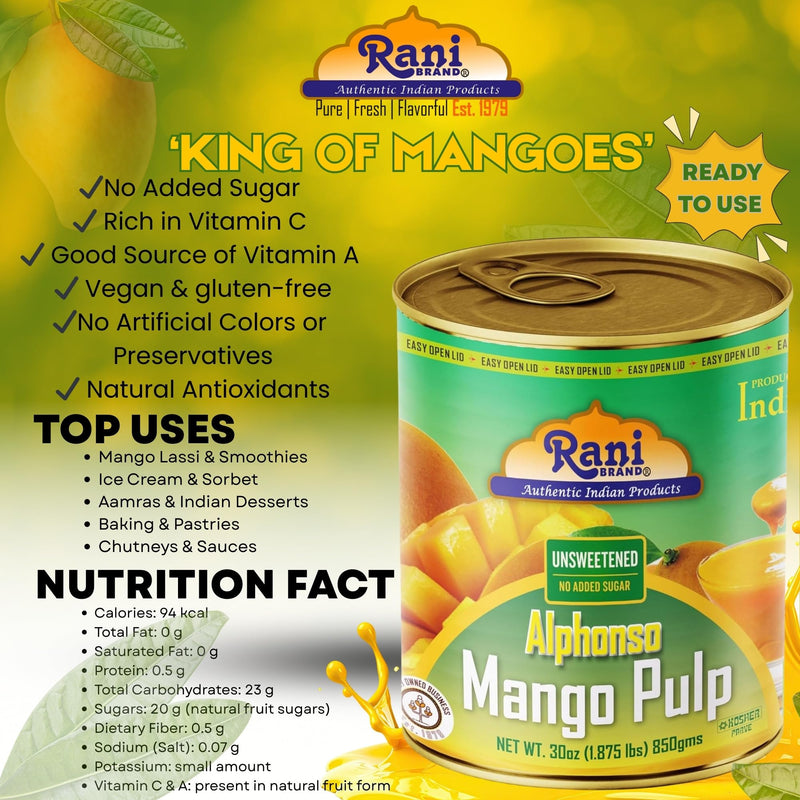 Rani Mango Pulp Puree (Makes Mango Lassi Shakes) Alphonso Unsweetened 30oz (1.875lbs) 850g Pack of 6 ~ Kosher | All Natural | NON-GMO | Vegan | No colors | Gluten Friendly | Indian Origin