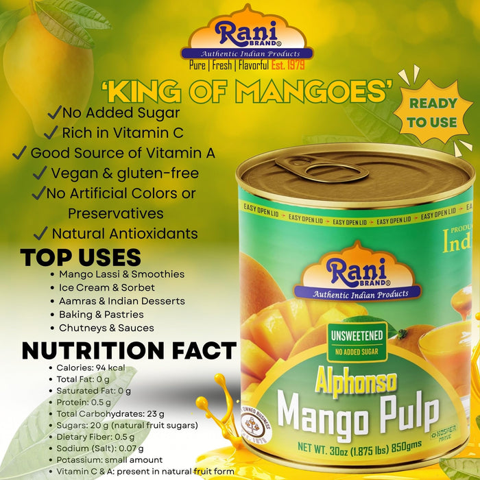 Rani Mango Pulp Puree (Makes Mango Lassi Shakes) Alphonso Unsweetened 30oz (1.875lbs) 850g Pack of 6 ~ Kosher | All Natural | NON-GMO | Vegan | No colors | Gluten Friendly | Indian Origin