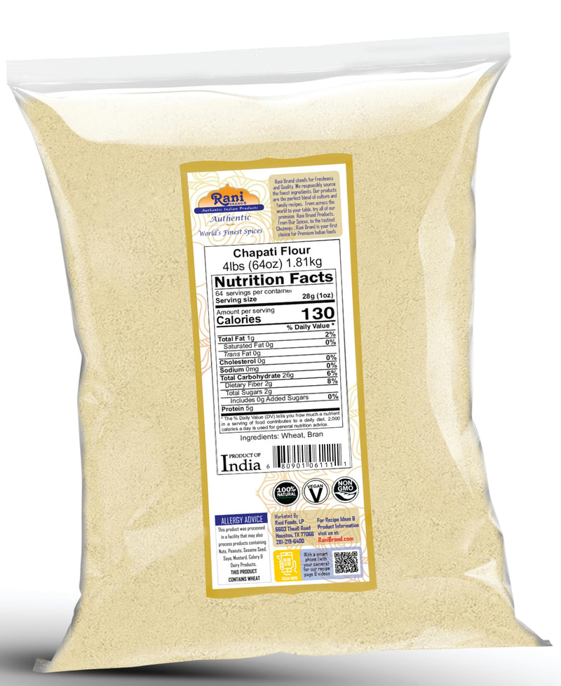 Rani Chapati Flour (100% Pure Whole Wheat Chakki Atta), For Making Roti & Indian Breads 64oz (4lbs) 1.81kg Bulk ~ All Natural | Vegan | No Salt or Colors | NON-GMO | Kosher | Indian Origin