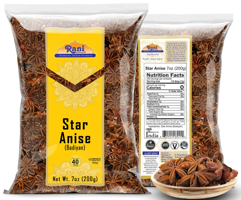 Rani Star Anise Seeds, Whole Pods (Badian Khatai) Spice 7oz (200g) ~ All Natural | Gluten Friendly | Kosher | Vegan | Whole Chinese Anise Star Sun Dried Spice, Anis Estrella / Illicium Verum, Widely Used for Baking, Drinks, Cooking, and Tea